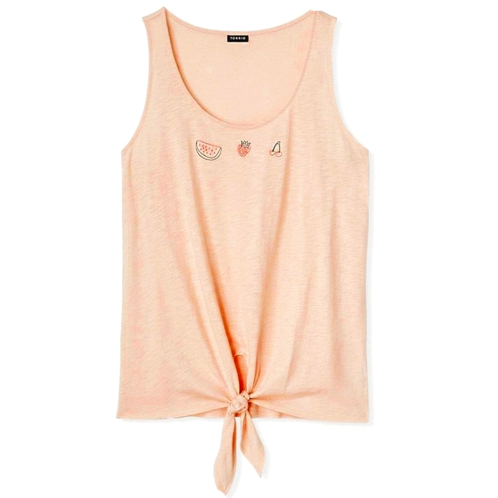 TORRID Blush Peach Embroidered Fruit Top With Front Tie Knot Size 1X